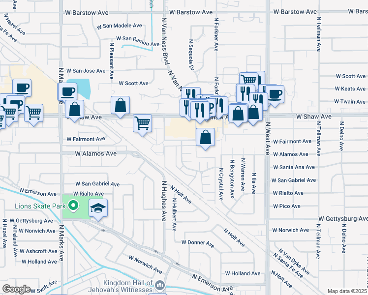 map of restaurants, bars, coffee shops, grocery stores, and more near 4852 North Hulbert Avenue in Fresno