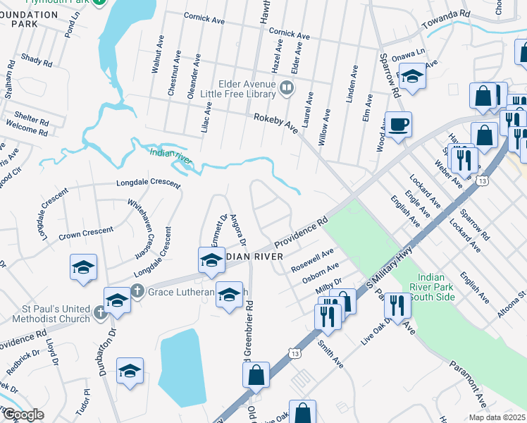 map of restaurants, bars, coffee shops, grocery stores, and more near 705 Perdue Lane in Chesapeake