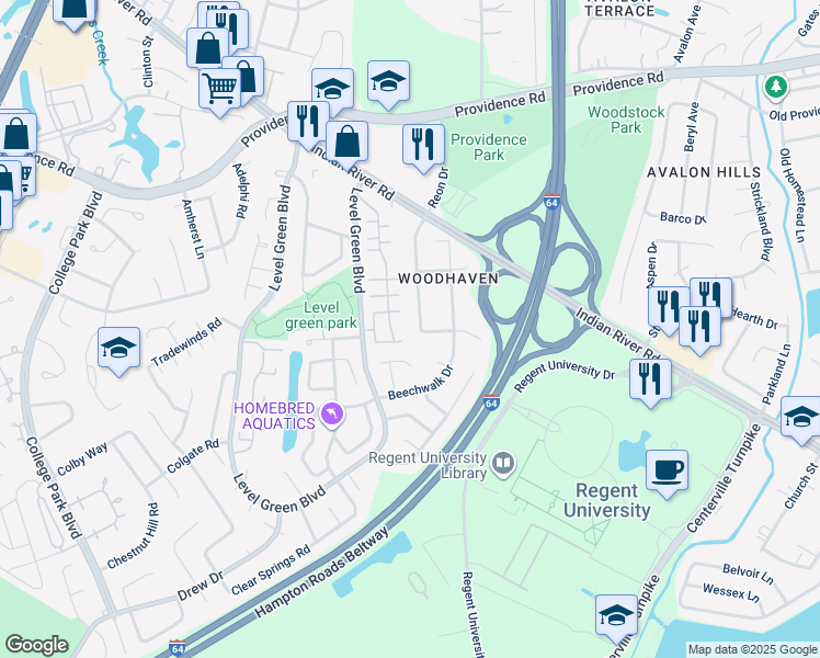 map of restaurants, bars, coffee shops, grocery stores, and more near 1073 Reon Drive in Virginia Beach