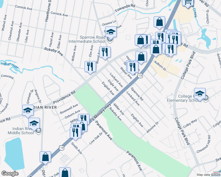 map of restaurants, bars, coffee shops, grocery stores, and more near 1807 English Avenue in Chesapeake