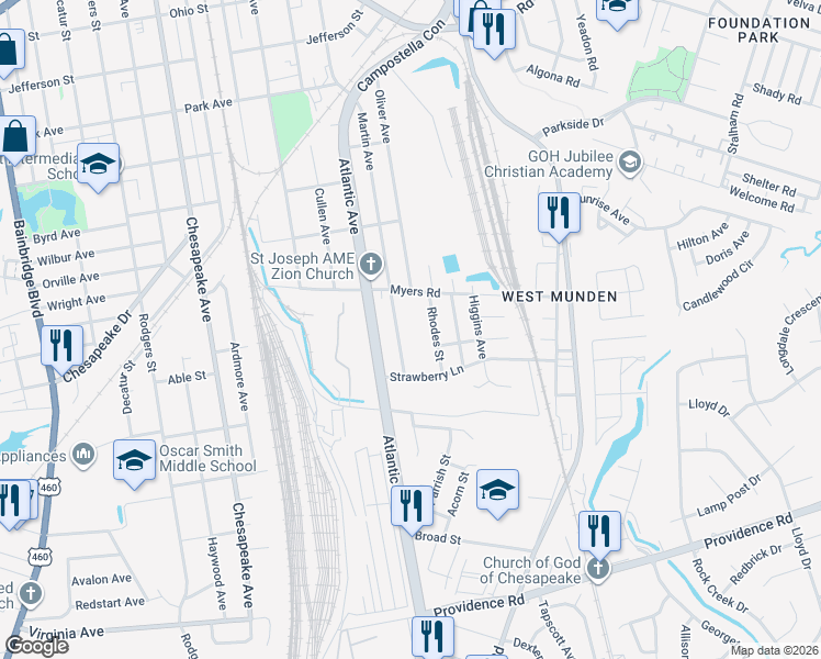 map of restaurants, bars, coffee shops, grocery stores, and more near 1632 Rhodes Street in Chesapeake