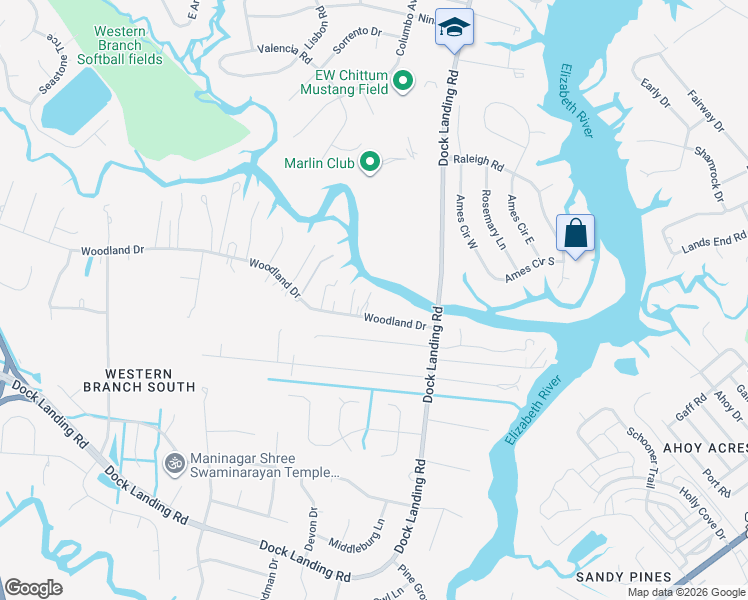 map of restaurants, bars, coffee shops, grocery stores, and more near 4025 Woodland Drive in Chesapeake