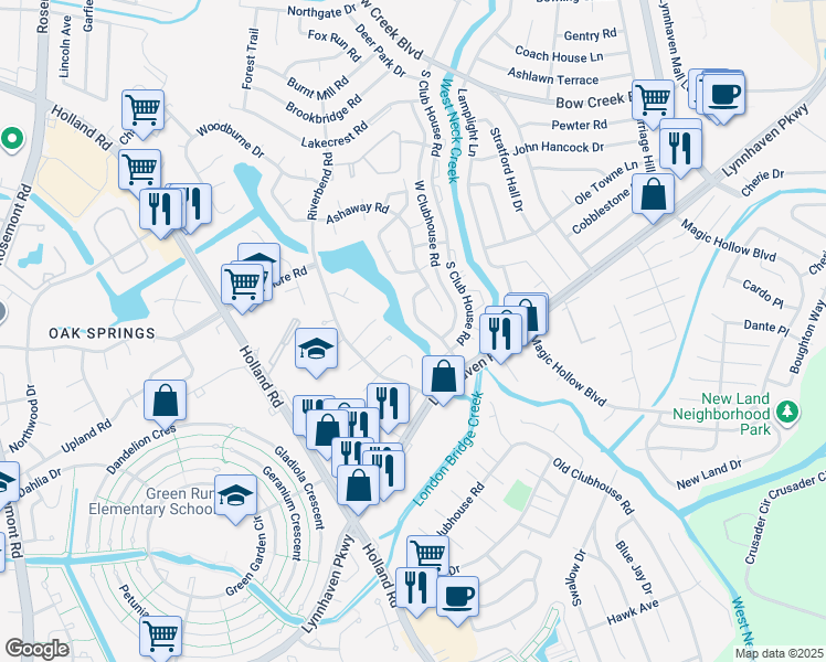 map of restaurants, bars, coffee shops, grocery stores, and more near 940 Fern Ridge Road in Virginia Beach