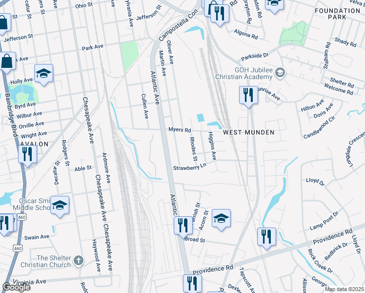 map of restaurants, bars, coffee shops, grocery stores, and more near 2022 Martin Avenue in Chesapeake