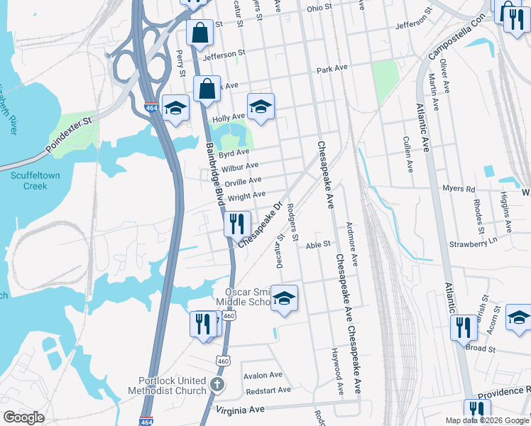 map of restaurants, bars, coffee shops, grocery stores, and more near 1902 Rodgers Street in Chesapeake