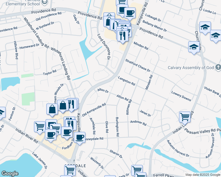 map of restaurants, bars, coffee shops, grocery stores, and more near 5301 Kempsville Court in Virginia Beach