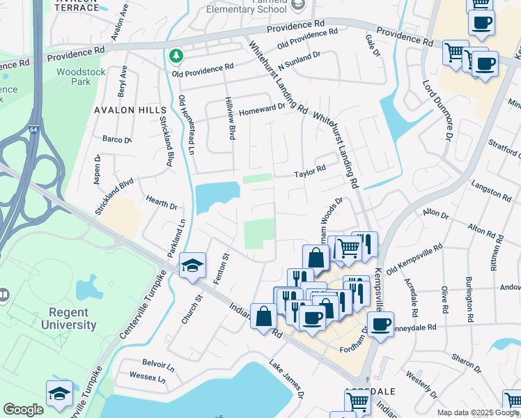 map of restaurants, bars, coffee shops, grocery stores, and more near 1099 Thompkins Lane in Virginia Beach