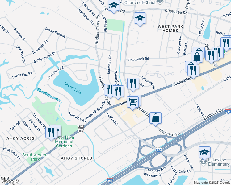 map of restaurants, bars, coffee shops, grocery stores, and more near 1811 Hodges Ferry Road in Portsmouth