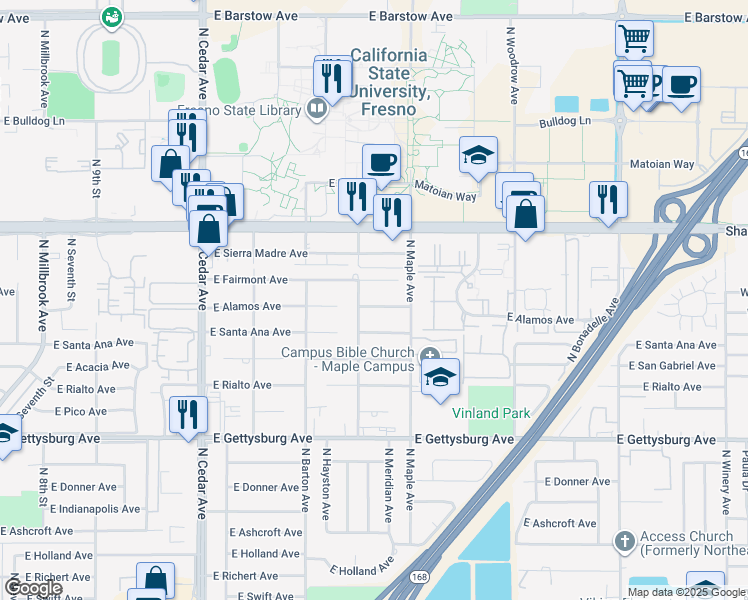 map of restaurants, bars, coffee shops, grocery stores, and more near 4576 East Alamos Avenue in Fresno