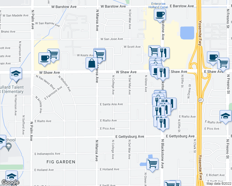 map of restaurants, bars, coffee shops, grocery stores, and more near 4864 North College Avenue in Fresno