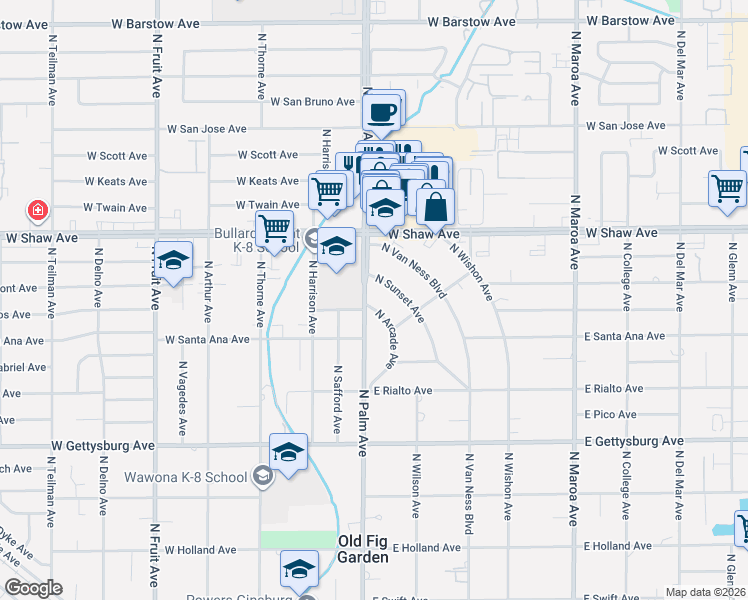 map of restaurants, bars, coffee shops, grocery stores, and more near 4861 North Arcade Avenue in Fresno