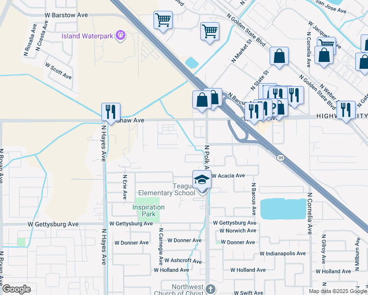 map of restaurants, bars, coffee shops, grocery stores, and more near 5645 West Shaw Avenue in Fresno