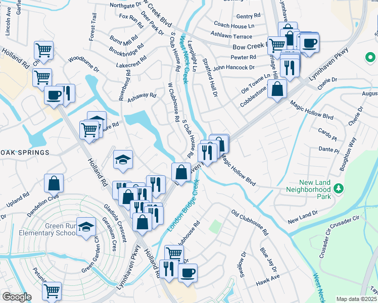 map of restaurants, bars, coffee shops, grocery stores, and more near 956 South Club House Road in Virginia Beach