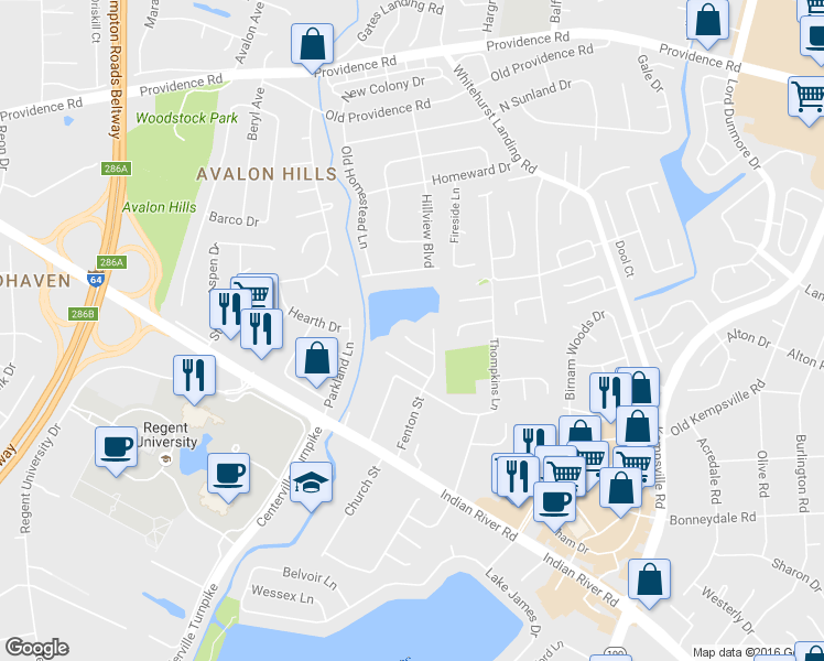 map of restaurants, bars, coffee shops, grocery stores, and more near 5521 Samuelson Court in Virginia Beach
