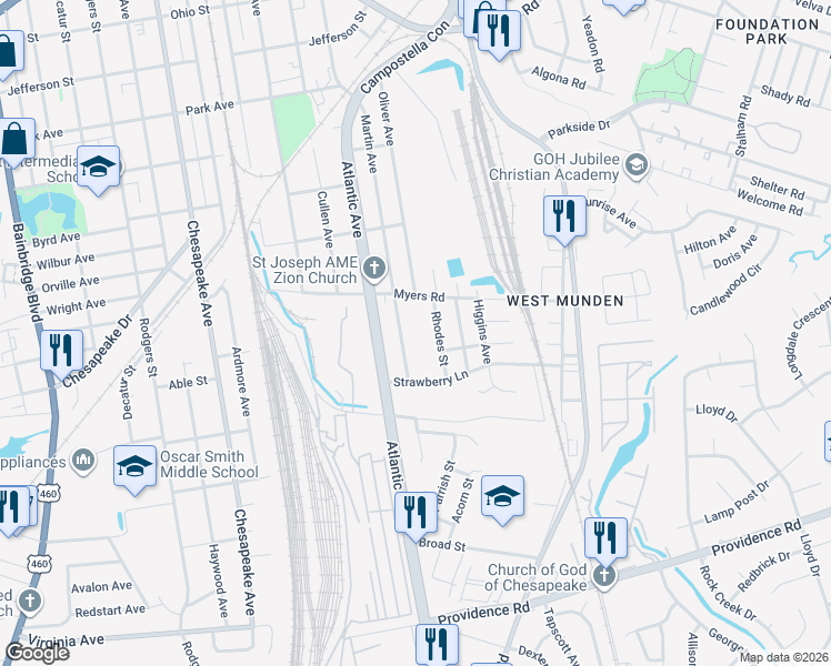 map of restaurants, bars, coffee shops, grocery stores, and more near 1632 Rhodes Street in Chesapeake