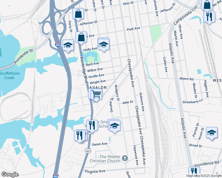 map of restaurants, bars, coffee shops, grocery stores, and more near 1902 Rodgers Street in Chesapeake