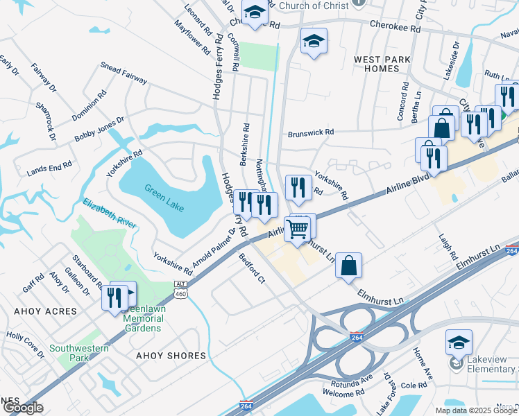 map of restaurants, bars, coffee shops, grocery stores, and more near 1811 Hodges Ferry Road in Portsmouth