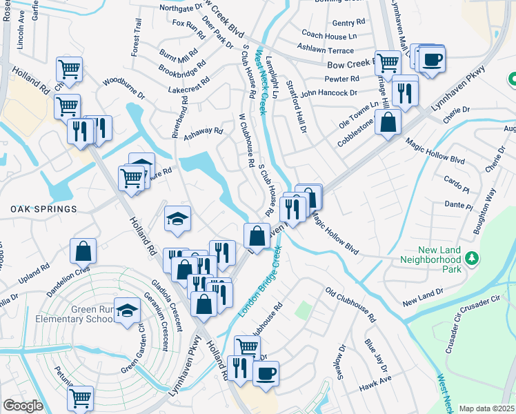 map of restaurants, bars, coffee shops, grocery stores, and more near 955 Fern Ridge Road in Virginia Beach