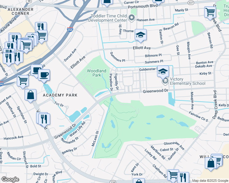 map of restaurants, bars, coffee shops, grocery stores, and more near 3018 Greenwood Drive in Portsmouth