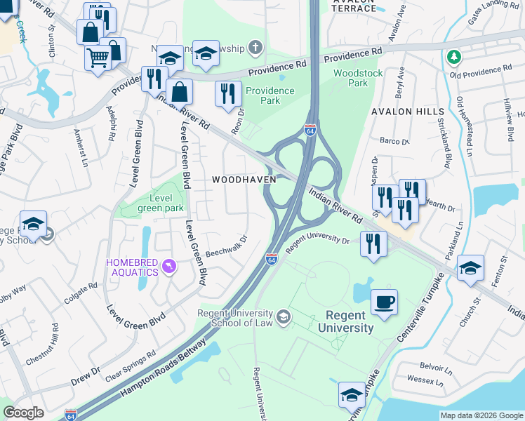 map of restaurants, bars, coffee shops, grocery stores, and more near 5837 Beechwalk Drive in Virginia Beach