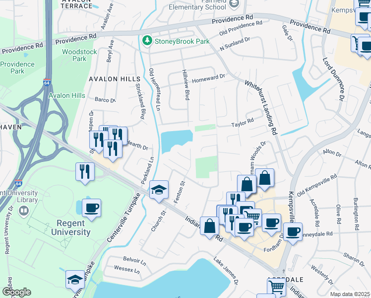 map of restaurants, bars, coffee shops, grocery stores, and more near 1109 Lady Victoria Way in Virginia Beach
