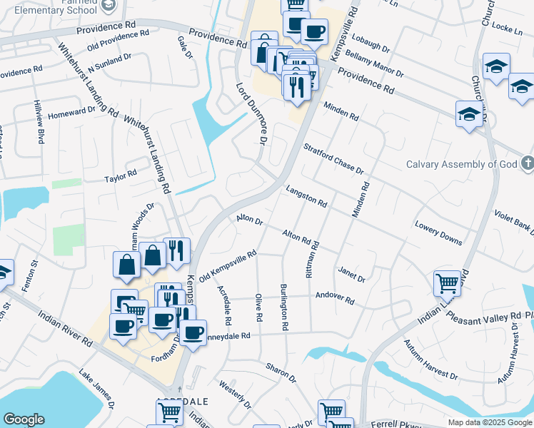 map of restaurants, bars, coffee shops, grocery stores, and more near 5301 Kempsville Court in Virginia Beach