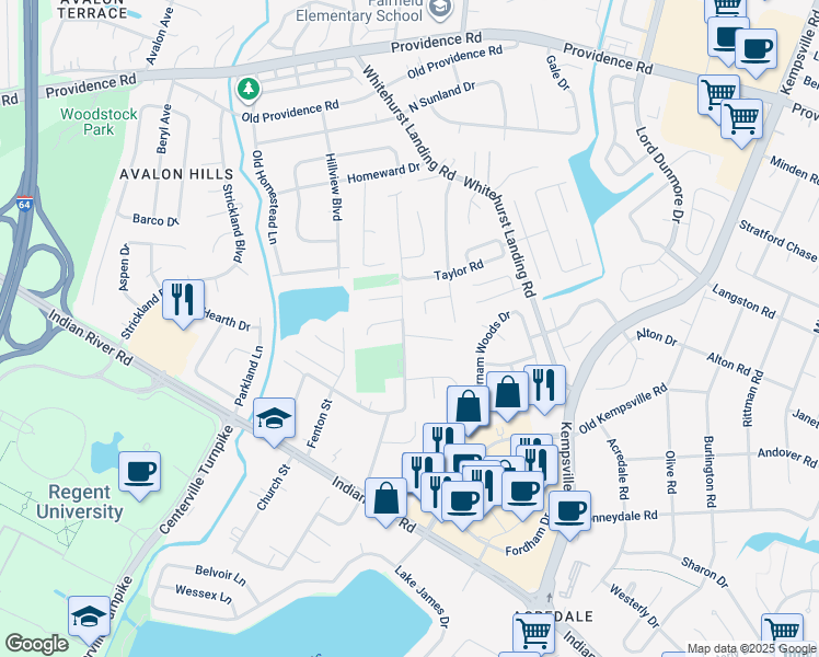 map of restaurants, bars, coffee shops, grocery stores, and more near 5428 Foxglenn Court in Virginia Beach