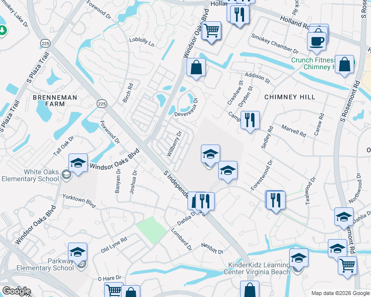 map of restaurants, bars, coffee shops, grocery stores, and more near 3740 Cainhoy Lane in Virginia Beach