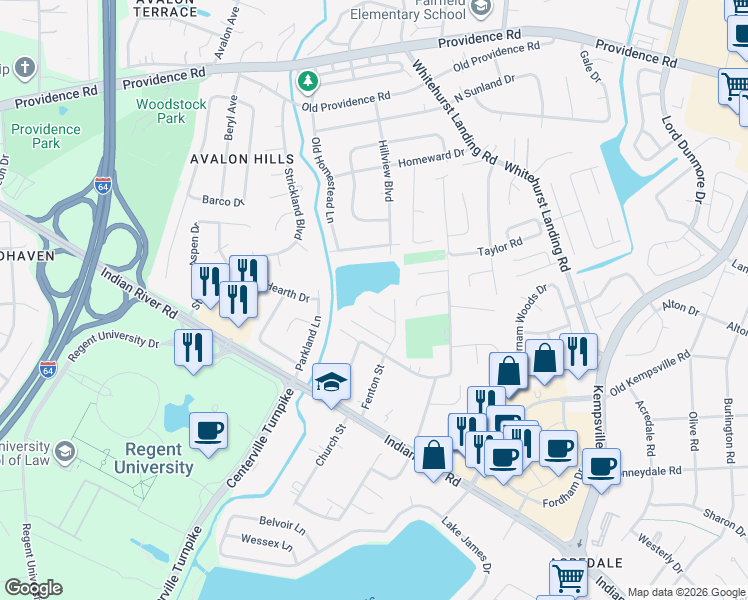 map of restaurants, bars, coffee shops, grocery stores, and more near 5521 Samuelson Court in Virginia Beach