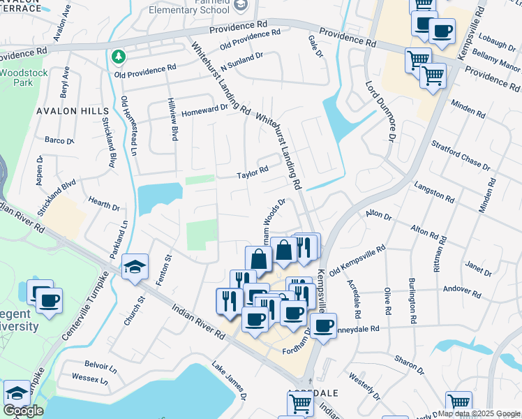 map of restaurants, bars, coffee shops, grocery stores, and more near 5421 Macduff Circle in Virginia Beach