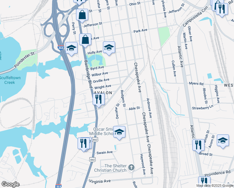 map of restaurants, bars, coffee shops, grocery stores, and more near 1902 Rodgers Street in Chesapeake
