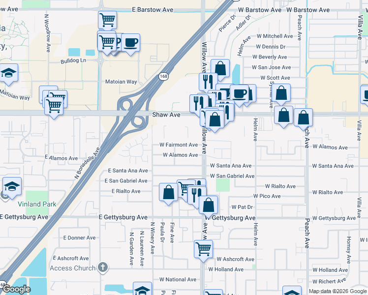 map of restaurants, bars, coffee shops, grocery stores, and more near 872 West Fairmont Avenue in Clovis