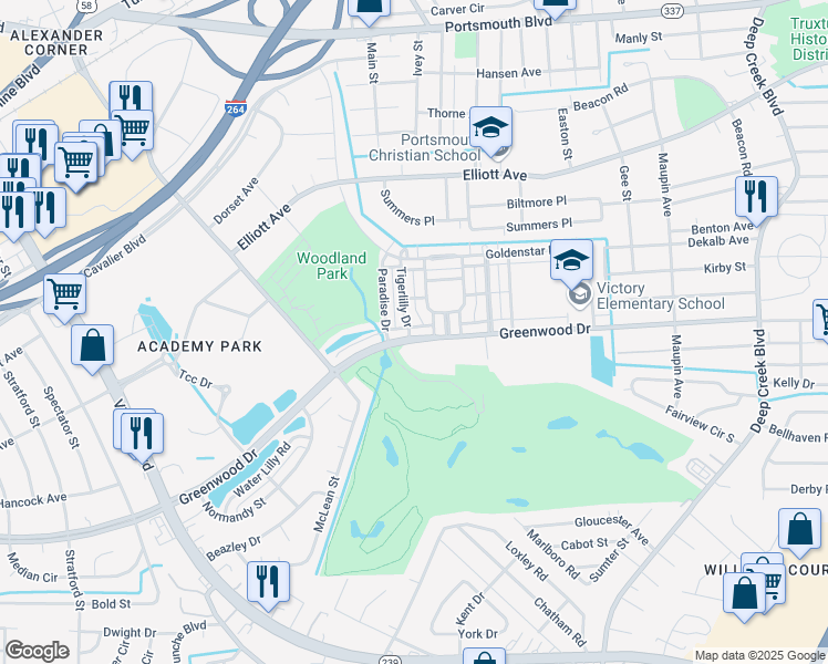 map of restaurants, bars, coffee shops, grocery stores, and more near 2970 Greenwood Drive in Portsmouth