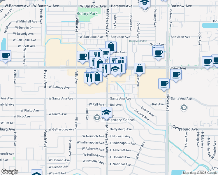 map of restaurants, bars, coffee shops, grocery stores, and more near 2221 Minnewawa Avenue in Clovis