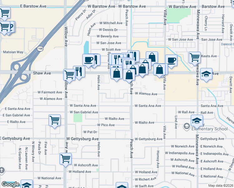 map of restaurants, bars, coffee shops, grocery stores, and more near 460 West Alamos Avenue in Clovis