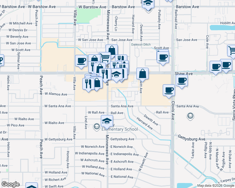 map of restaurants, bars, coffee shops, grocery stores, and more near 2237 Cherry Lane in Clovis