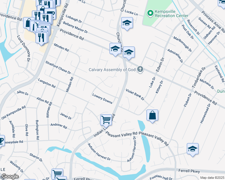 map of restaurants, bars, coffee shops, grocery stores, and more near 5221 Foxboro Landing in Virginia Beach