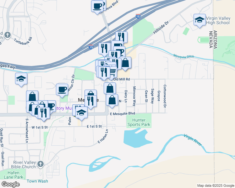 map of restaurants, bars, coffee shops, grocery stores, and more near 98 Hughes Avenue in Mesquite