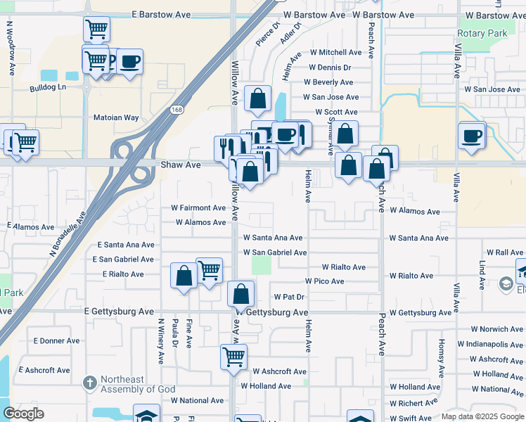 map of restaurants, bars, coffee shops, grocery stores, and more near 685 West Santa Ana Avenue in Clovis