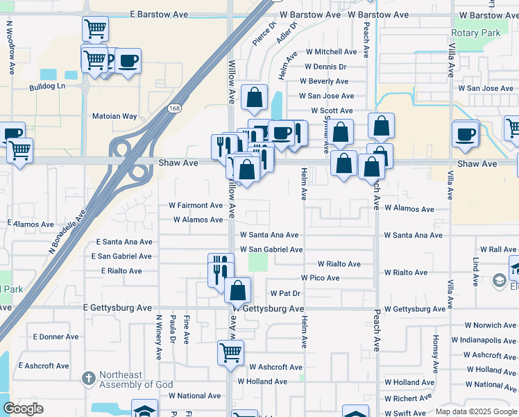 map of restaurants, bars, coffee shops, grocery stores, and more near 685 West Santa Ana Avenue in Clovis