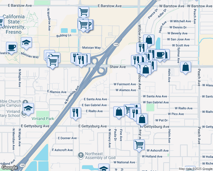 map of restaurants, bars, coffee shops, grocery stores, and more near 984 West Alamos Avenue in Clovis