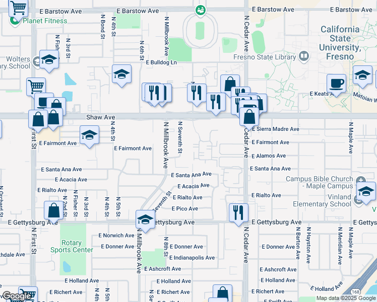 map of restaurants, bars, coffee shops, grocery stores, and more near 4788 North 9th Street in Fresno