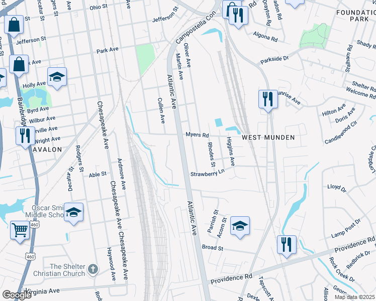 map of restaurants, bars, coffee shops, grocery stores, and more near 1634 Atlantic Avenue in Chesapeake