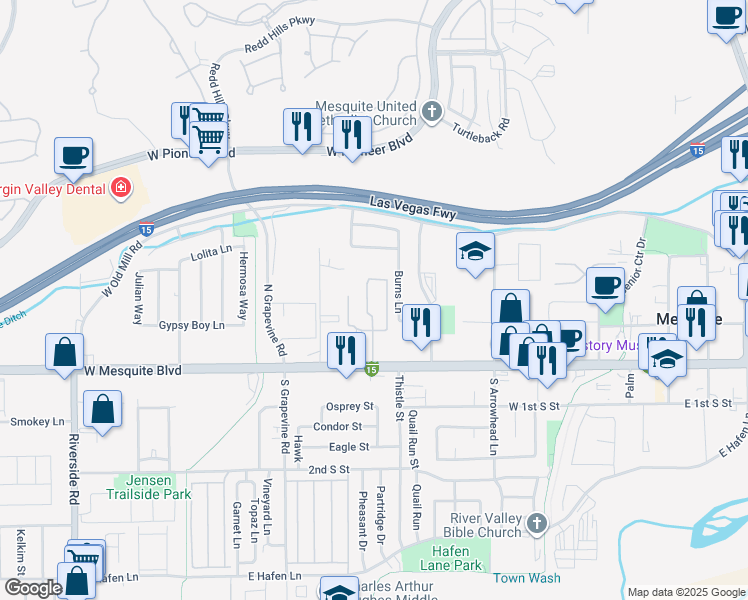 map of restaurants, bars, coffee shops, grocery stores, and more near 517 West Mesquite Boulevard in Mesquite