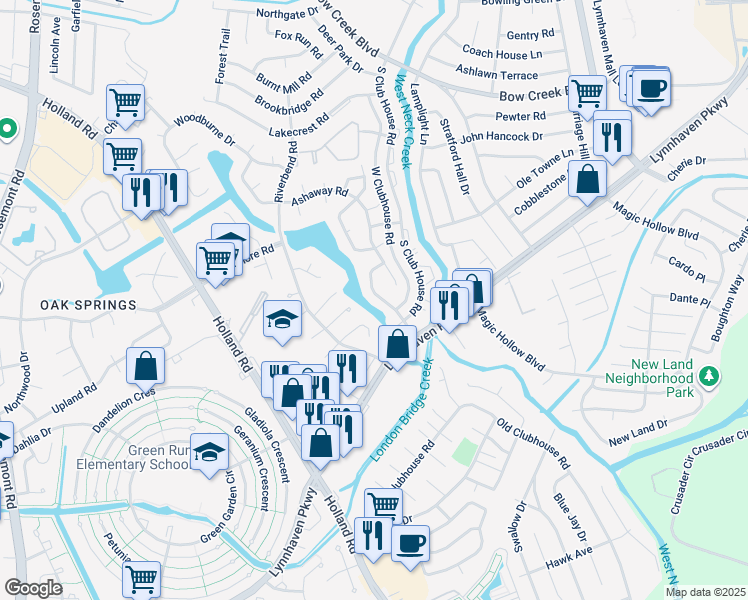 map of restaurants, bars, coffee shops, grocery stores, and more near 940 Fern Ridge Road in Virginia Beach