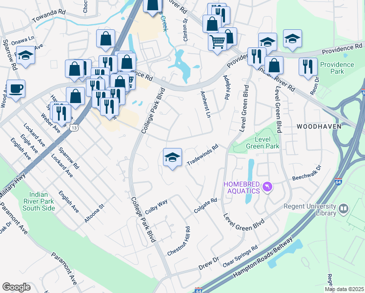 map of restaurants, bars, coffee shops, grocery stores, and more near 6132 Tradewinds Court in Virginia Beach