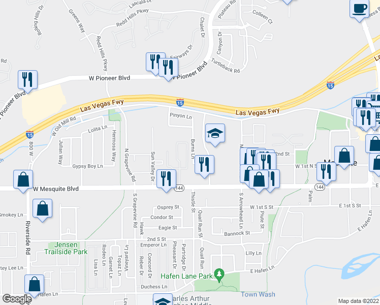map of restaurants, bars, coffee shops, grocery stores, and more near 191 Burns Lane in Mesquite