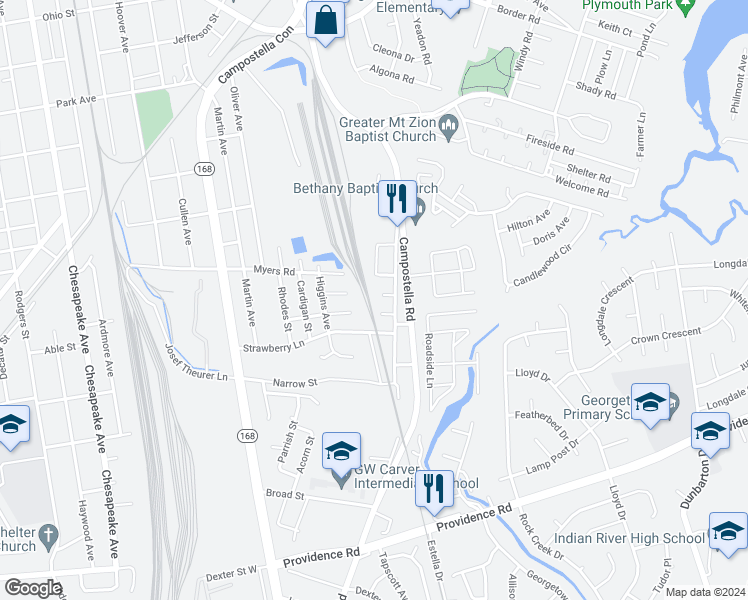 map of restaurants, bars, coffee shops, grocery stores, and more near 2424 Earley Street in Chesapeake