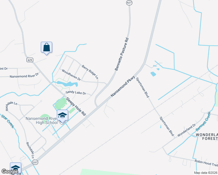 map of restaurants, bars, coffee shops, grocery stores, and more near 3524 Nansemond Parkway in Suffolk