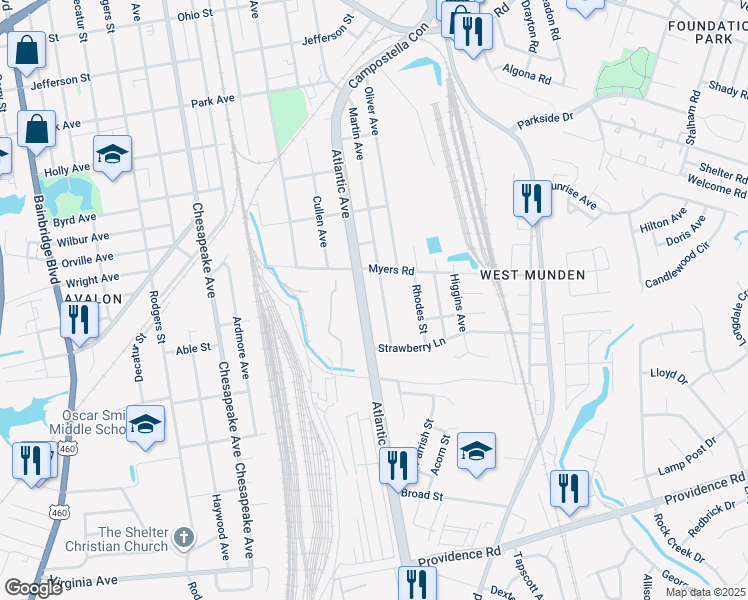 map of restaurants, bars, coffee shops, grocery stores, and more near 1634 Atlantic Avenue in Chesapeake